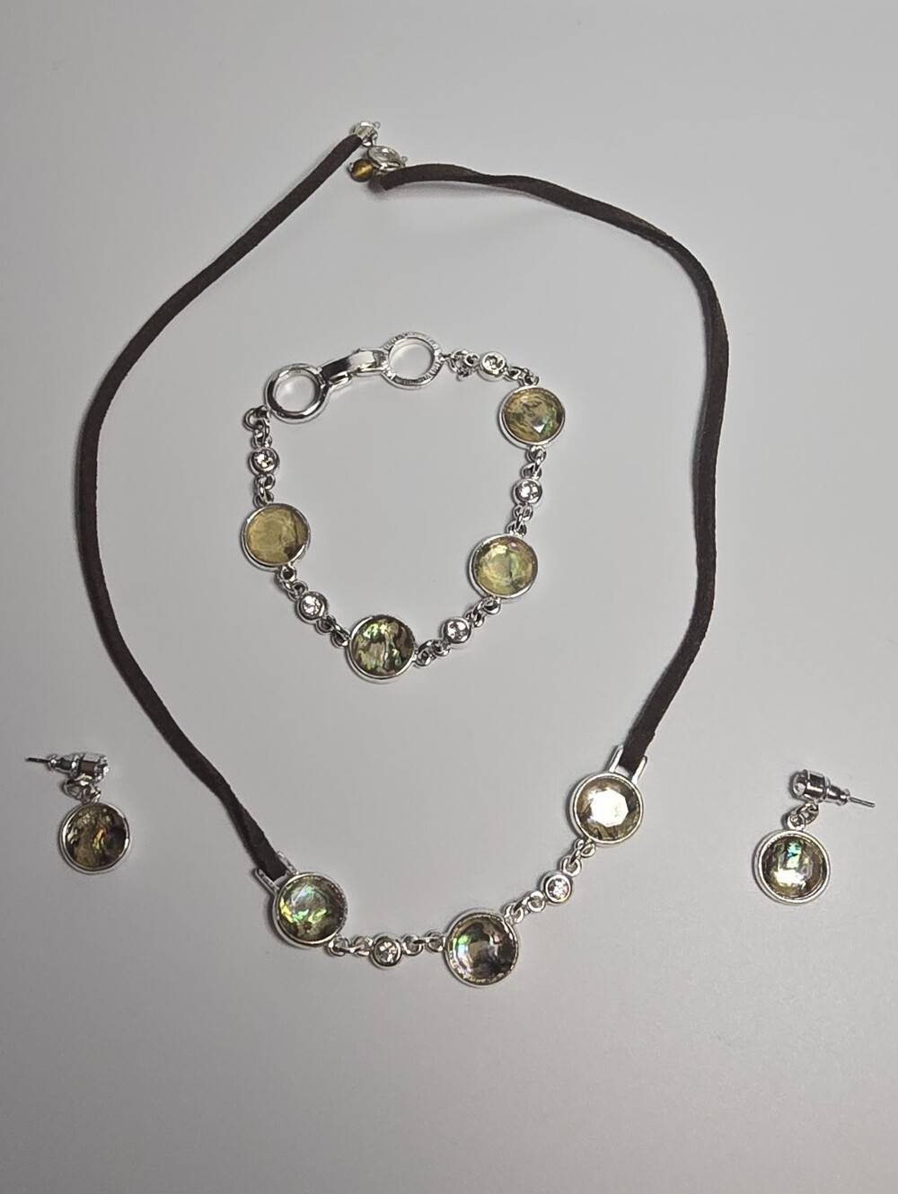 Silver-Tone Abalone Disk Necklace, Bracelet & Earring Set - Brown Cord
